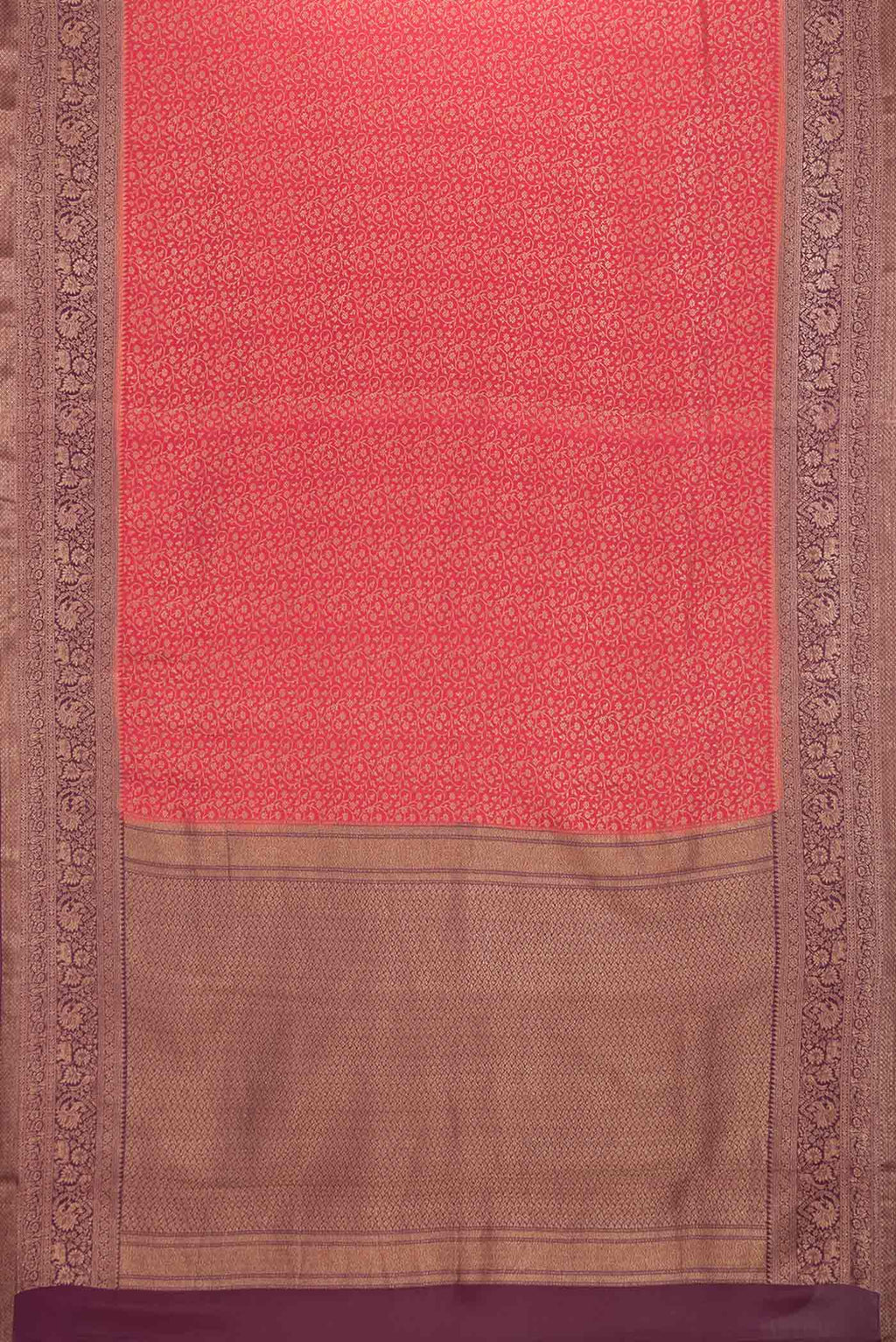 Flat view of Pink Dual Tone Banarasi Silk Saree with Zari Brocade on the body and Zari Border. 