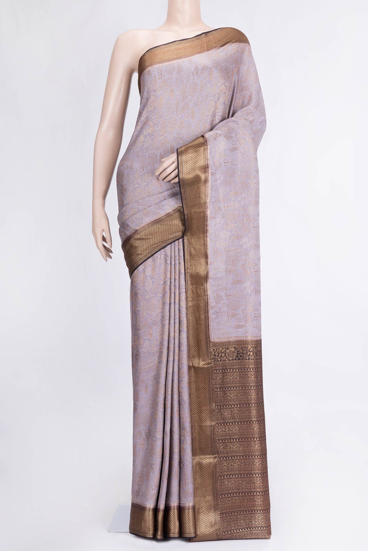 Lavender Dual Tone Banarasi Georgette Saree with Zari Brocade on the body and Zari Border.  displayed on a mannequin
