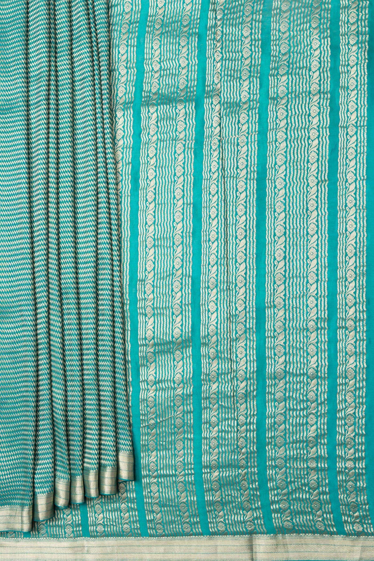 Pleats and pallu of Sky Blue Dual Tone Banarasi Georgette Saree with Zari Brocade on the body and Zari Border. 