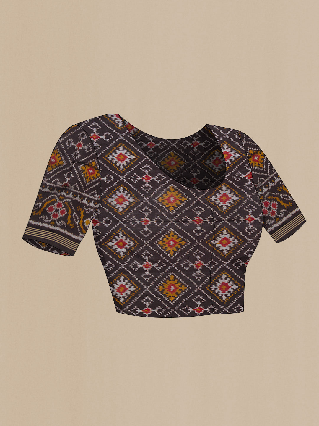 Close up image of the blouse of Black Pochampally Silk Saree with Pure Ikat on the body and Plain Border