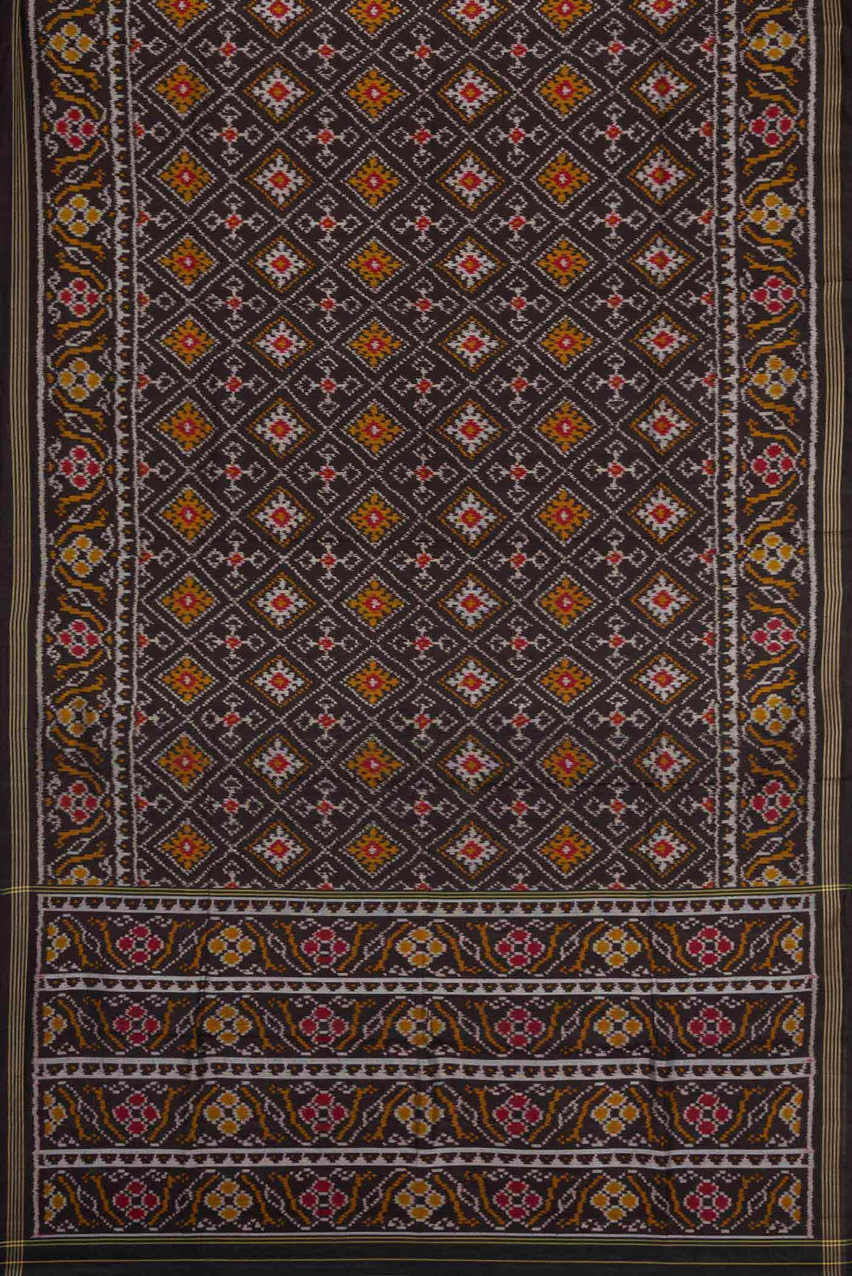 Flat view of Black Pochampally Silk Saree with Pure Ikat on the body and Plain Border