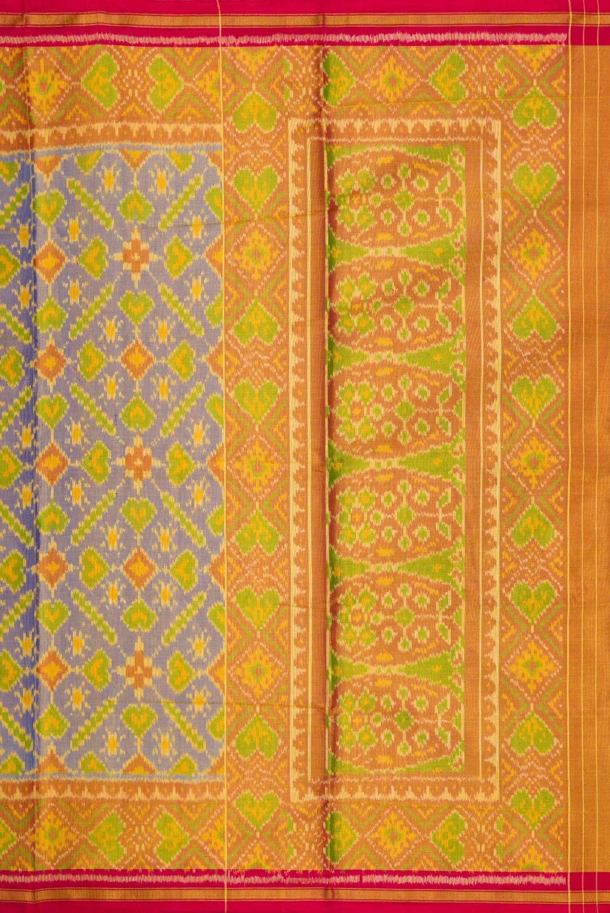 Close up image of the pallu of Lavender Dual Tone Rajkot Patola Silk Saree with Ikat Print on the body and Ikat Border