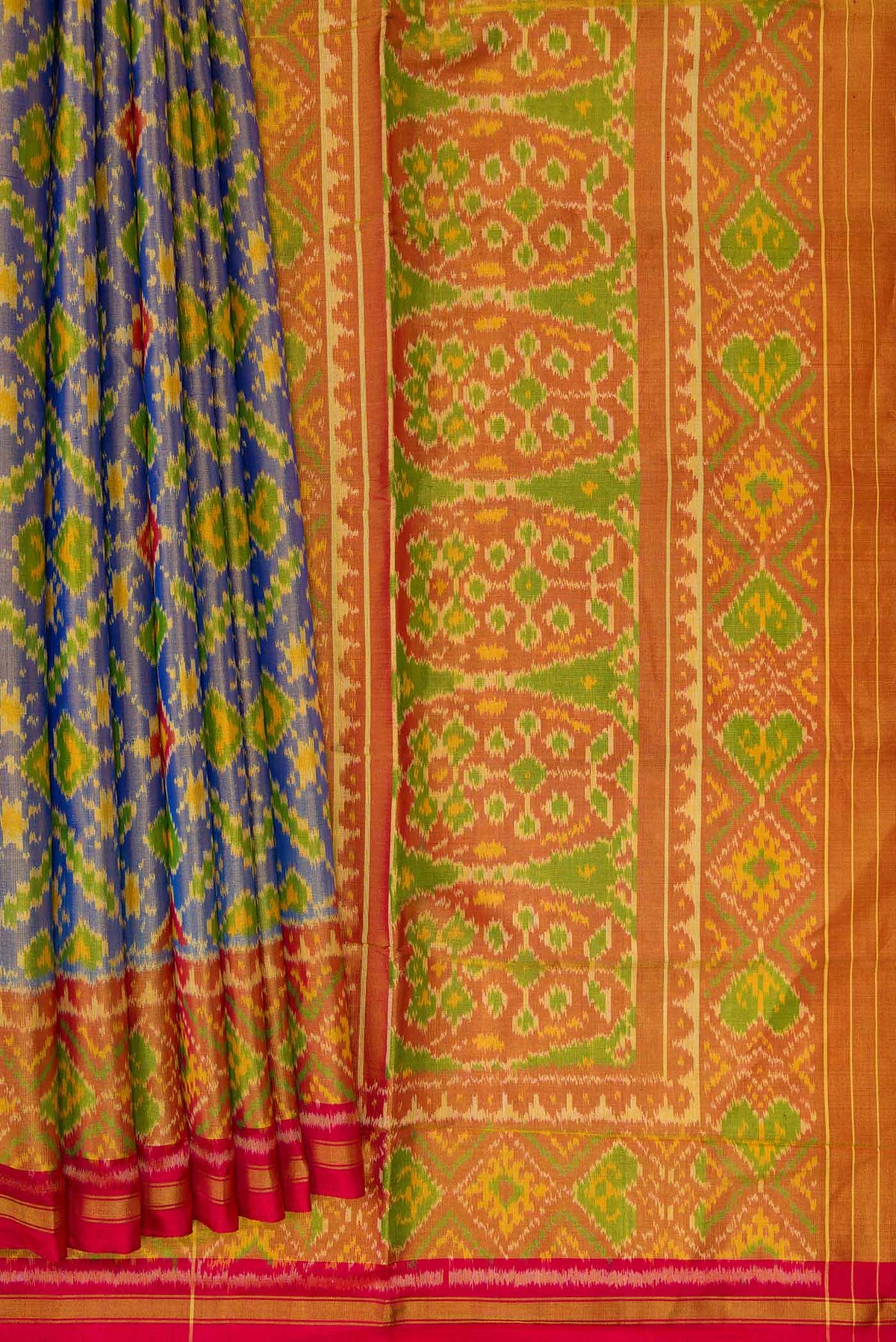Pleats and pallu of Lavender Dual Tone Rajkot Patola Silk Saree with Ikat Print on the body and Ikat Border