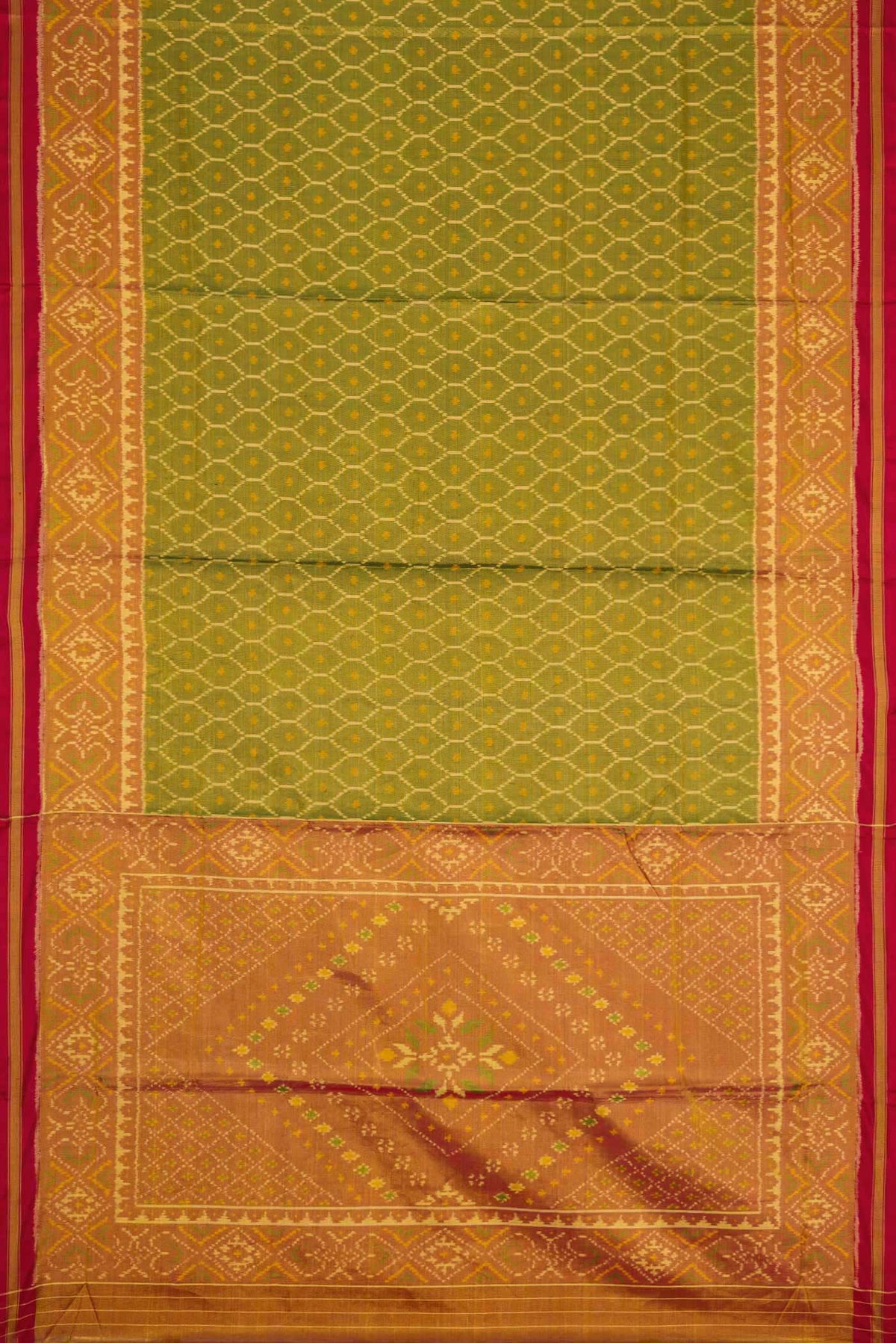 Flat view of Mehandi Green Dual Tone Rajkot Patola Silk Saree with Ikat Print on the body and Ikat Border