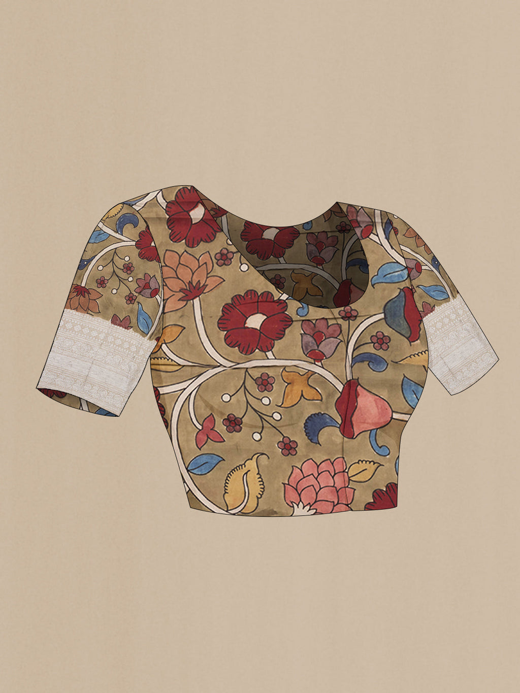 Close up image of the blouse of Brown Tussar Silk Saree with kalamkari Print on the body and Zari Border. 