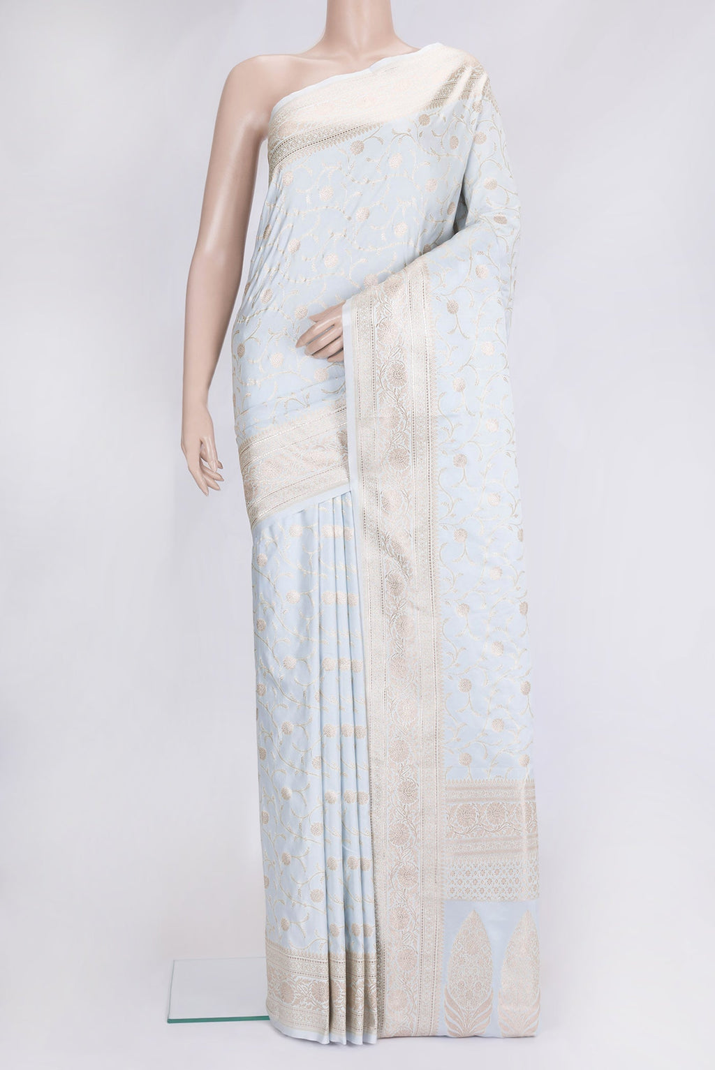 Light Blue Dual Tone Blended Banarasi Silk Saree with Zari Brocade on the body and Zari Border.  displayed on a mannequin