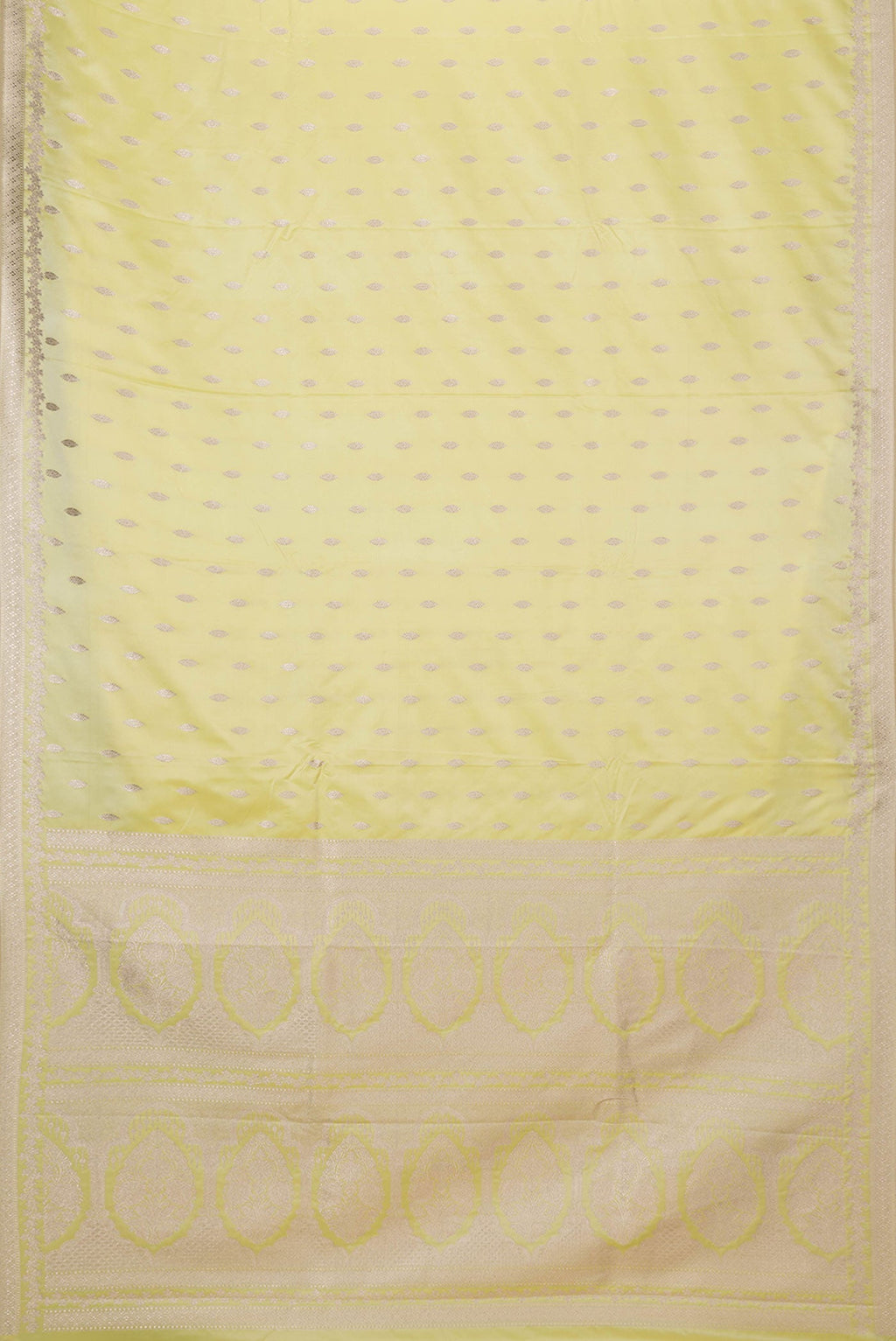 Flat view of Lemon Yellow Dual Tone Blended Banarasi Silk Saree with Zari Butta on the body and Zari Border