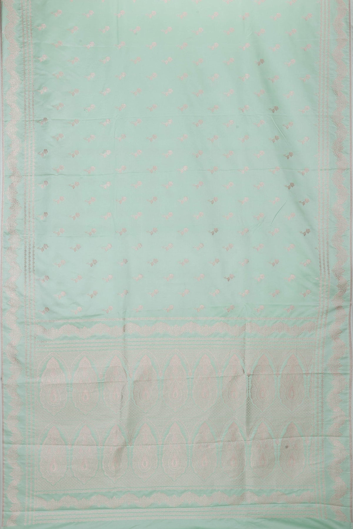 Flat view of Sea Green Dual Tone Banarasi Silk Saree with Zari Butta on the body and Fancy Border. 