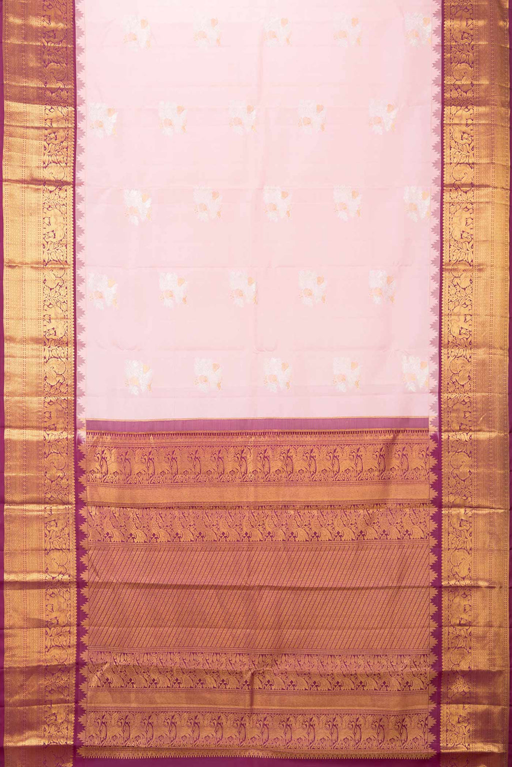 Flat view of Pink Dual Tone Kanchipuram Saree with Zari Butta on the body and Zari Border