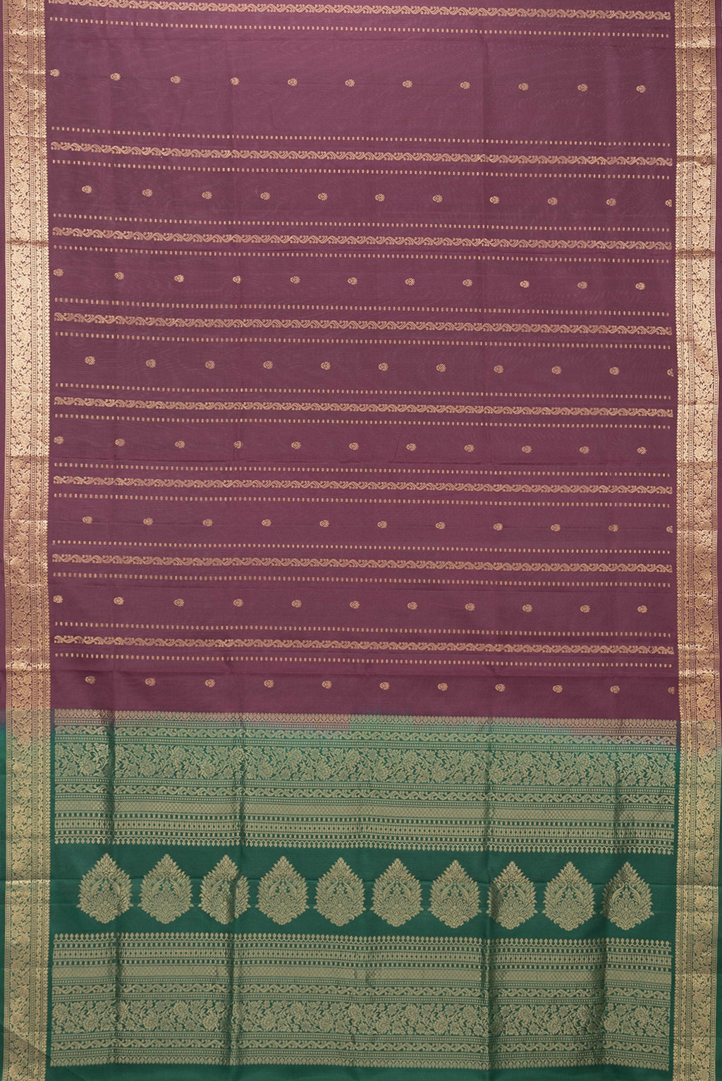 Flat view of Maroon Dual Tone Soft Silk Saree with Zari Butta on the body and Zari Border. 