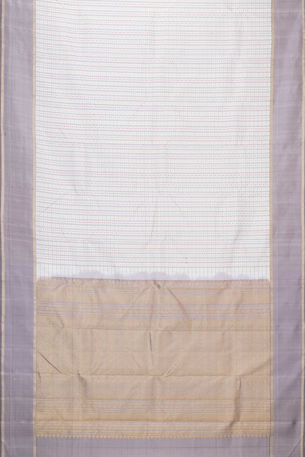 Flat view of Off White Dual Tone Kanchipuram Saree with Checked design on the body and Zari Border