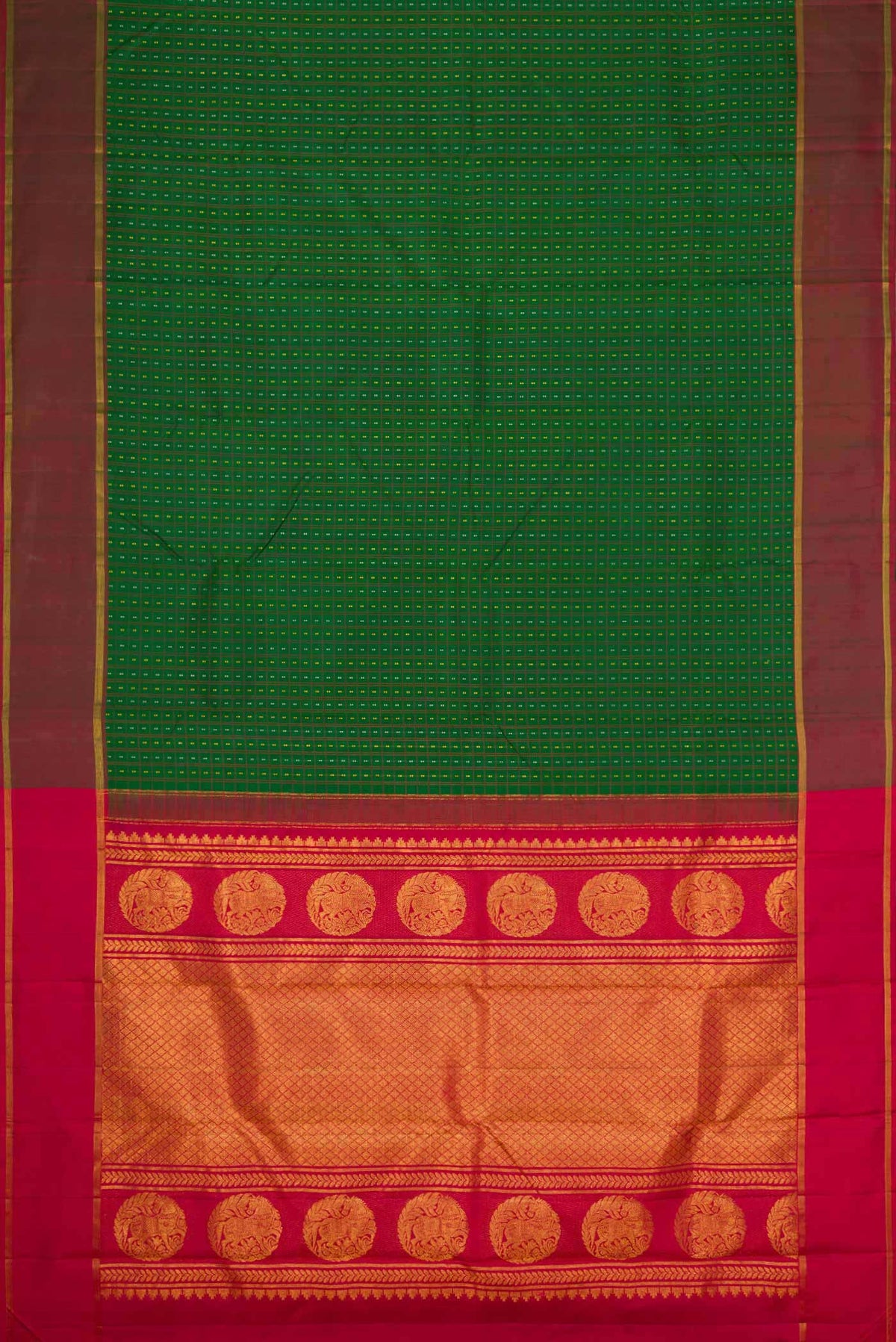 Flat view of Bottle Green Dual Tone Kanchipuram Silk Saree with Stripes on the body and Zari Border