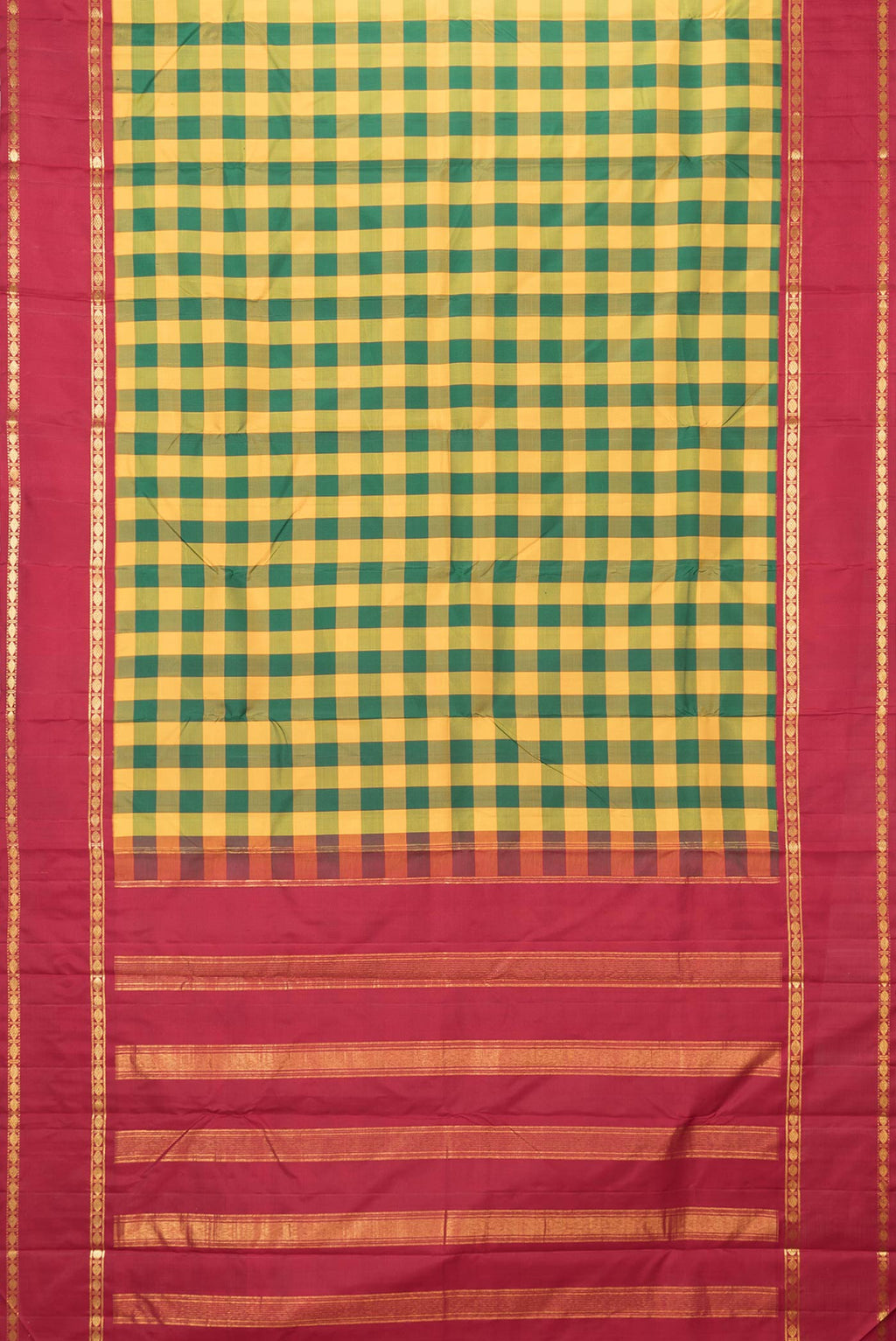 Flat view of Yellow and Green Color Kanchipuram Saree with Checked design on the body and Zari Border