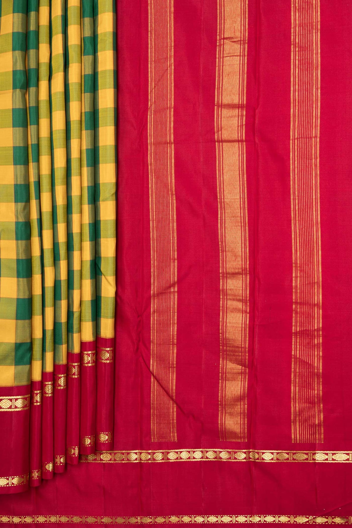Pleats and pallu of Yellow and Green Color Kanchipuram Saree with Checked design on the body and Zari Border