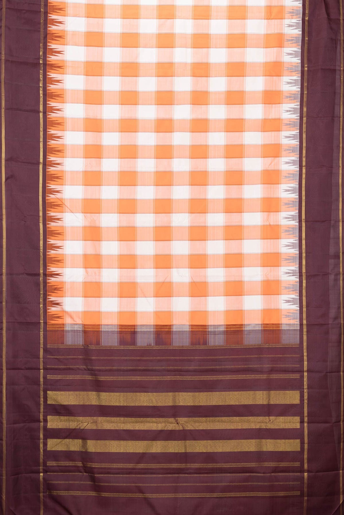 Flat view of Off white and Orange Color Kanchipuram Saree with Checked design on the body and Zari Border
