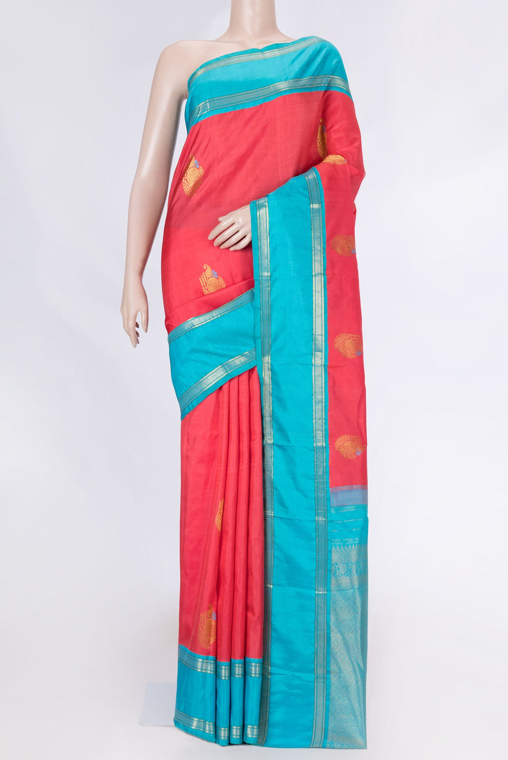 Pure Silk Pure Zari Pink Dual Tone Kanchipuram Saree with Zari And Thread Butta on the body and Zari Border displayed on a mannequin
