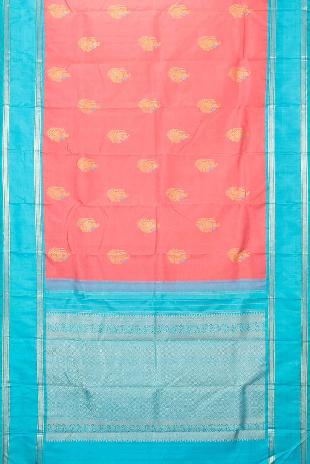 Flat view of Pure Silk Pure Zari Pink Dual Tone Kanchipuram Saree with Zari And Thread Butta on the body and Zari Border