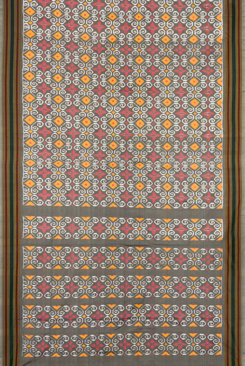 Flat view of Grey Dual Tone Double Ikat Saree with Ikat Print on the body and Thread Border