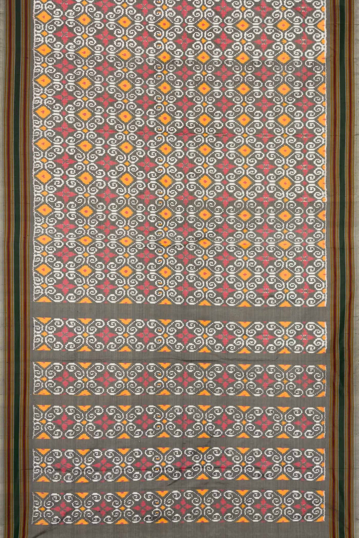 Flat view of Grey Dual Tone Double Ikat Saree with Ikat Print on the body and Thread Border