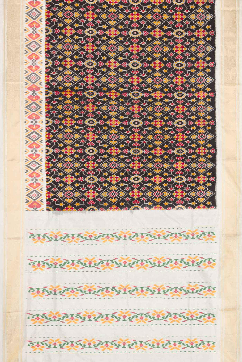 Flat view of Black Dual Tone Double Ikat Saree with Ikat Print on the body and Ikat Border
