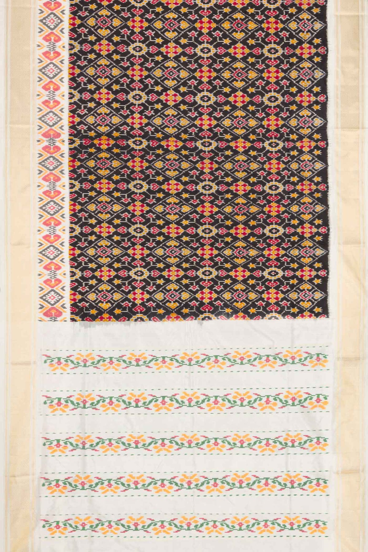 Flat view of Black Dual Tone Double Ikat Saree with Ikat Print on the body and Ikat Border