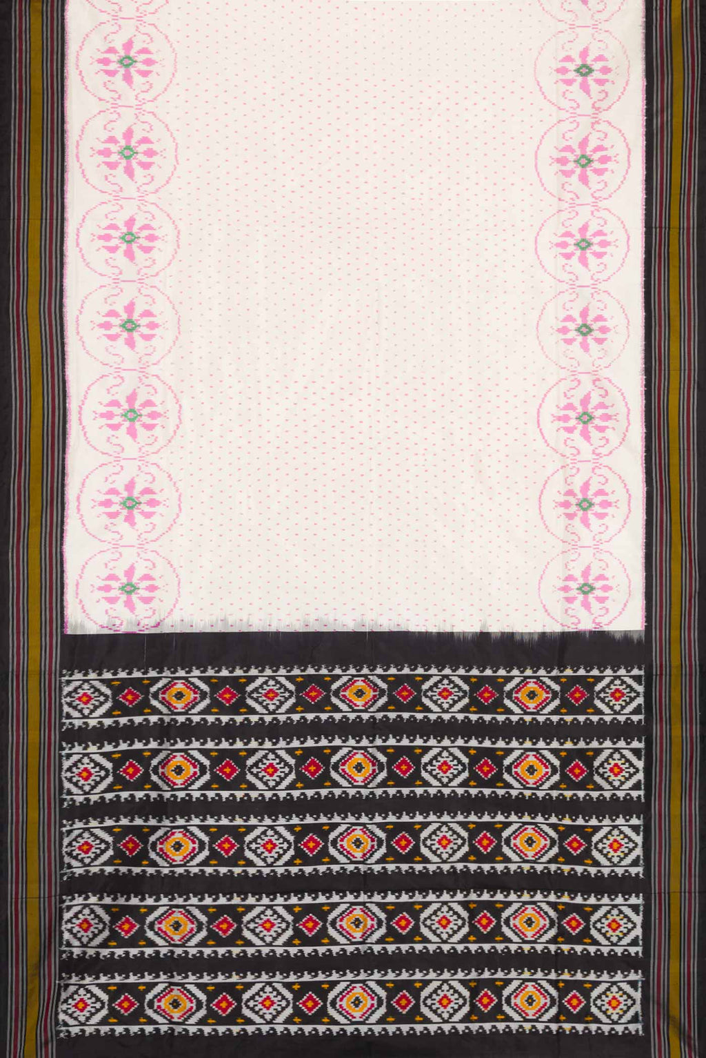 Flat view of Off White Dual Tone Double Ikat Saree with Ikat Print on the body and Thread Border