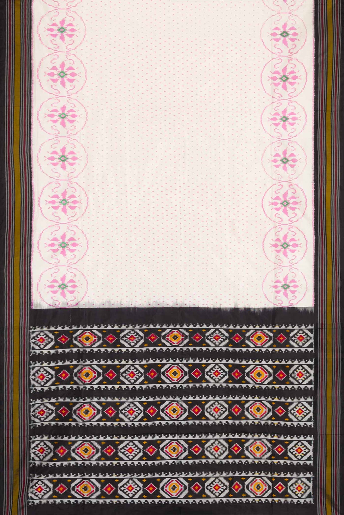 Flat view of Off White Dual Tone Double Ikat Saree with Ikat Print on the body and Thread Border