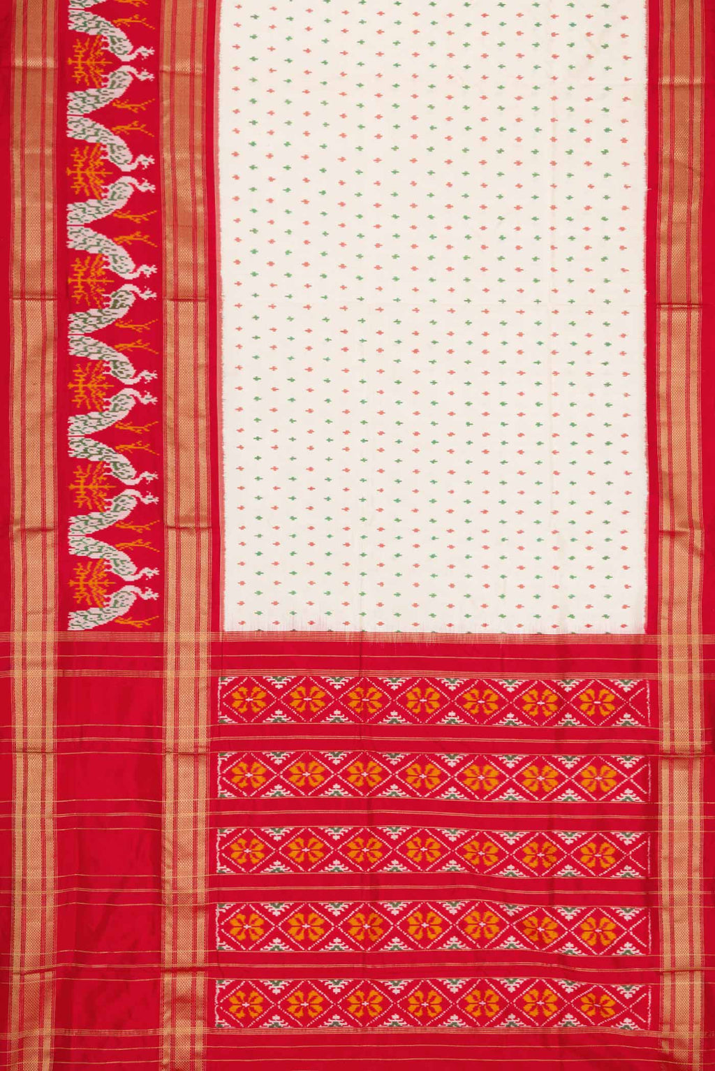 Flat view of Off White Dual Tone Double Ikat Saree with Ikat Print on the body and Ikat Border