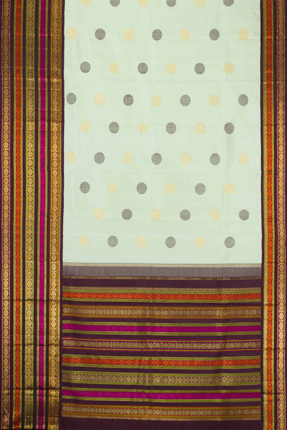 Flat view of Pure Silk Pure Zari Pista Green Dual Tone Kanchipuram Saree with Zari And Thread Butta on the body and Zari And Thread Border