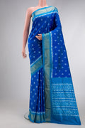 Peacock Blue Dual Tone Double Ikat Nine Yards Saree with Ikat Print on the body and Zari Border.  displayed on a mannequin