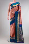 Pure Silk Pure Zari Rose Gold Dual Tone Kanjivaram Saree with Checked design on the body and Zari Border.  displayed on a mannequin
