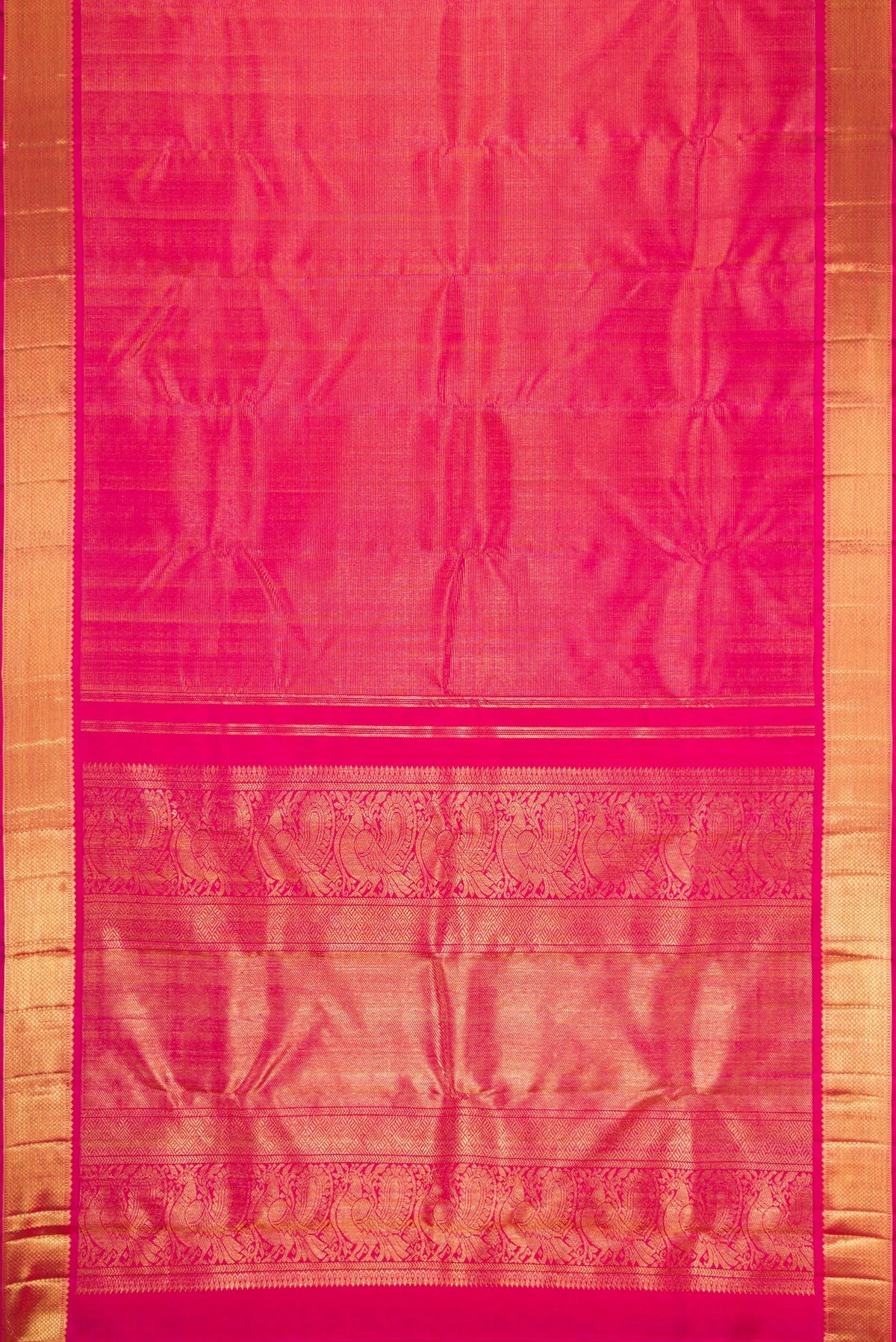 Flat view of Pure Silk Pure Zari Pink Dual Tone Kanjivaram Saree with Zari Brocade on the body and Zari Border. 