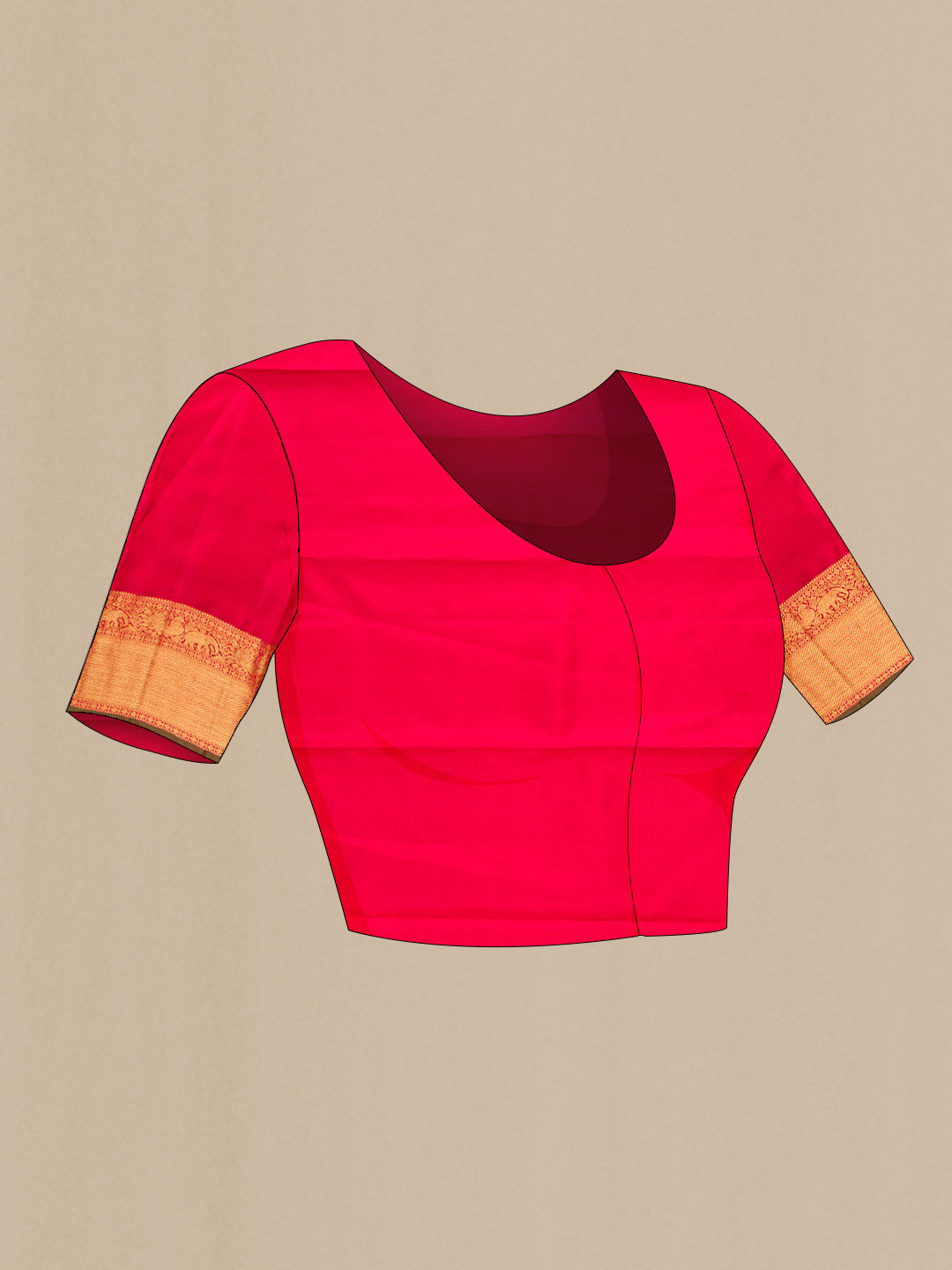 Close up image of the blouse of Pure Silk Pure Zari Coral Dual Tone Kanjivaram Saree with Zari Brocade on the body and Zari Border. 
