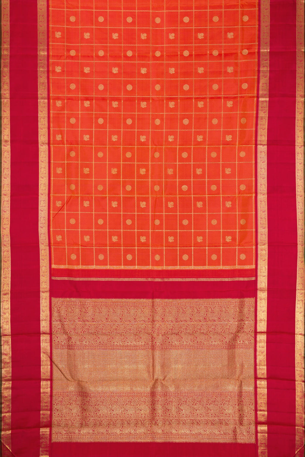 Flat view of Pure Silk Pure Zari Orange Dual Tone Kanjivaram Saree with Checked design on the body and Zari Border. 