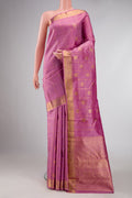 Pure Silk Pure Zari Rose pink Dual Tone Kanchipuram Saree with Checked design on the body and Zari Border displayed on a mannequin