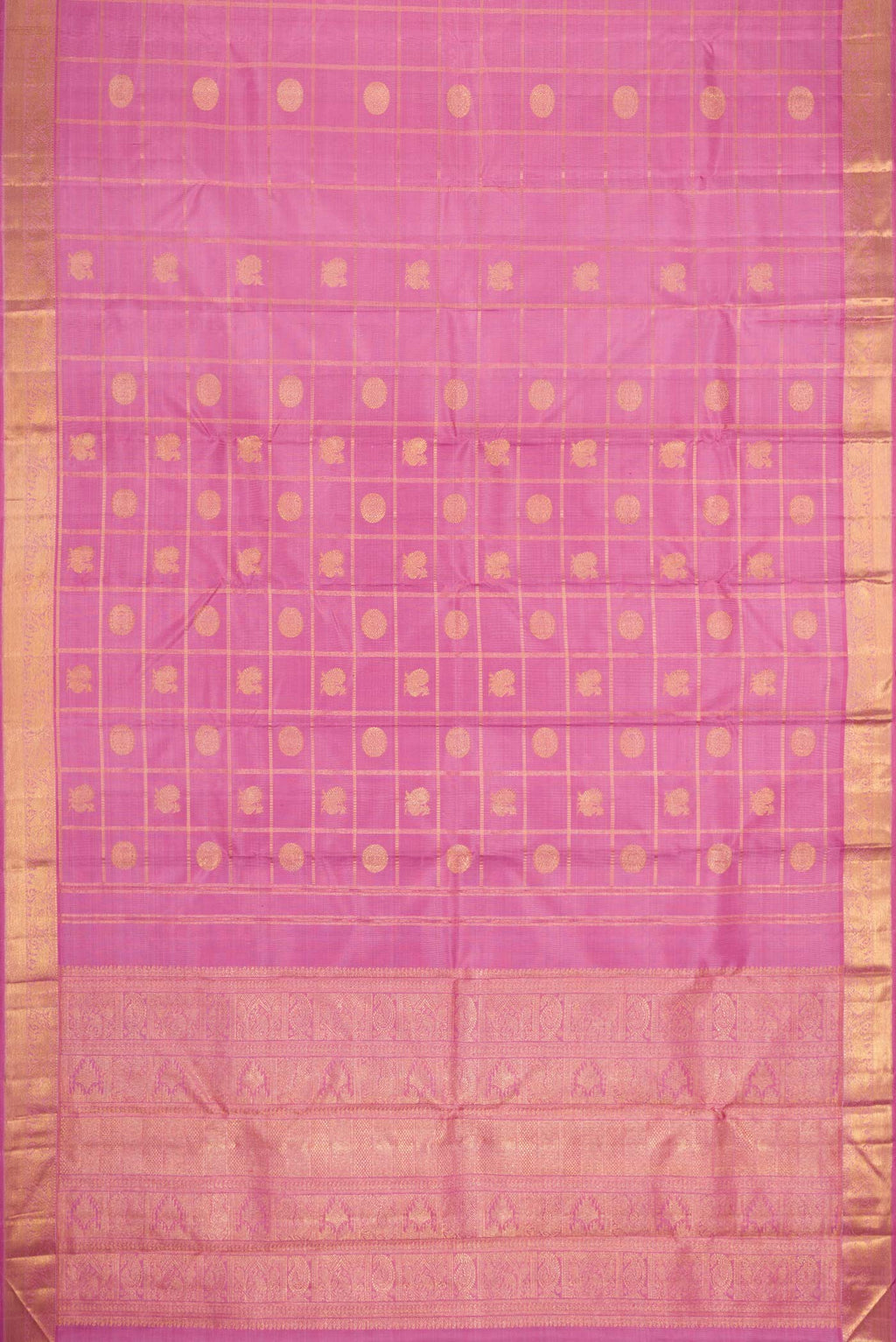 Flat view of Pure Silk Pure Zari Rose pink Dual Tone Kanchipuram Saree with Checked design on the body and Zari Border