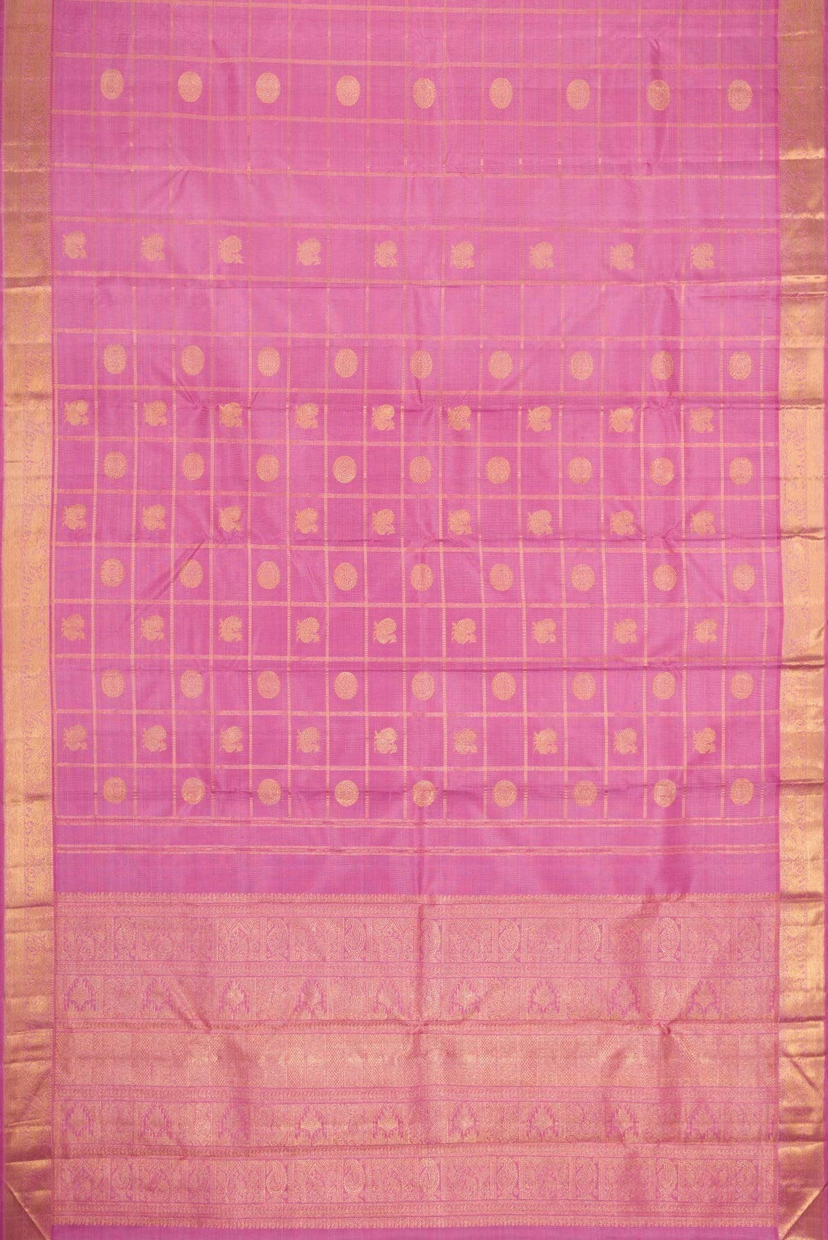 Flat view of Pure Silk Pure Zari Rose pink Dual Tone Kanchipuram Saree with Checked design on the body and Zari Border