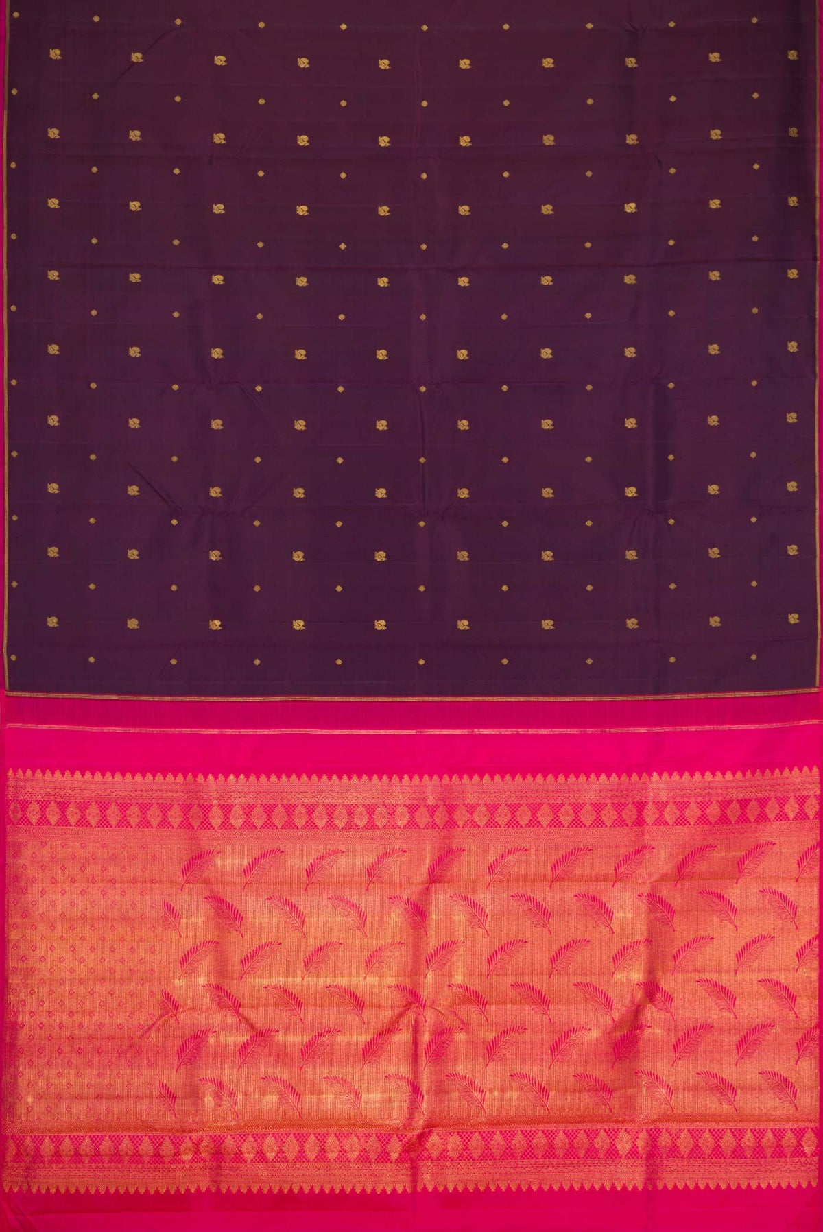 Flat view of Pure Silk Pure Zari Burgundy Dual Tone Kanchipuram Saree with Zari Butta on the body and Thin Zari Line