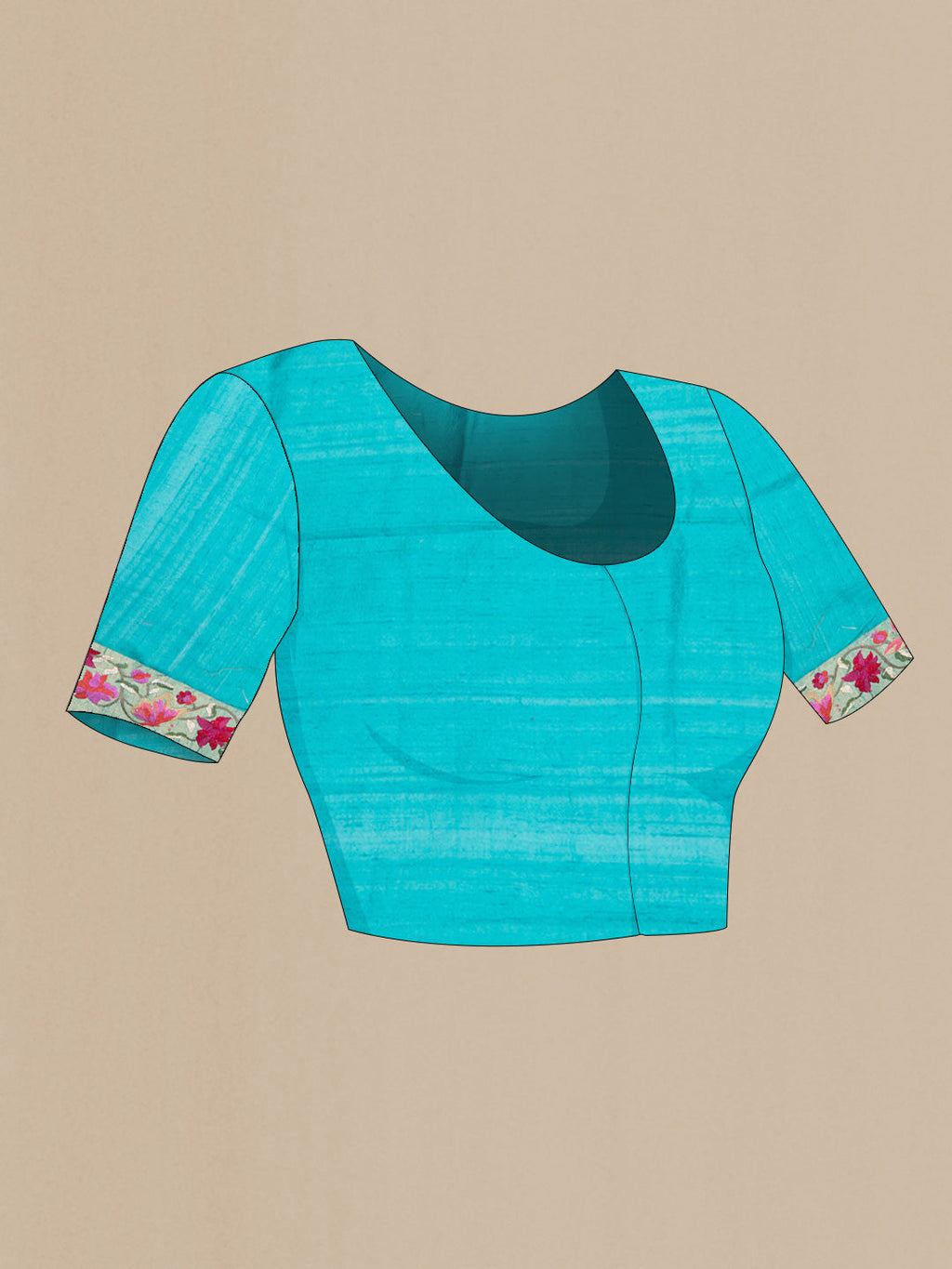 Close up image of the blouse of Blue Tussar Silk Saree with Embroidery on the body and Embroidery Border