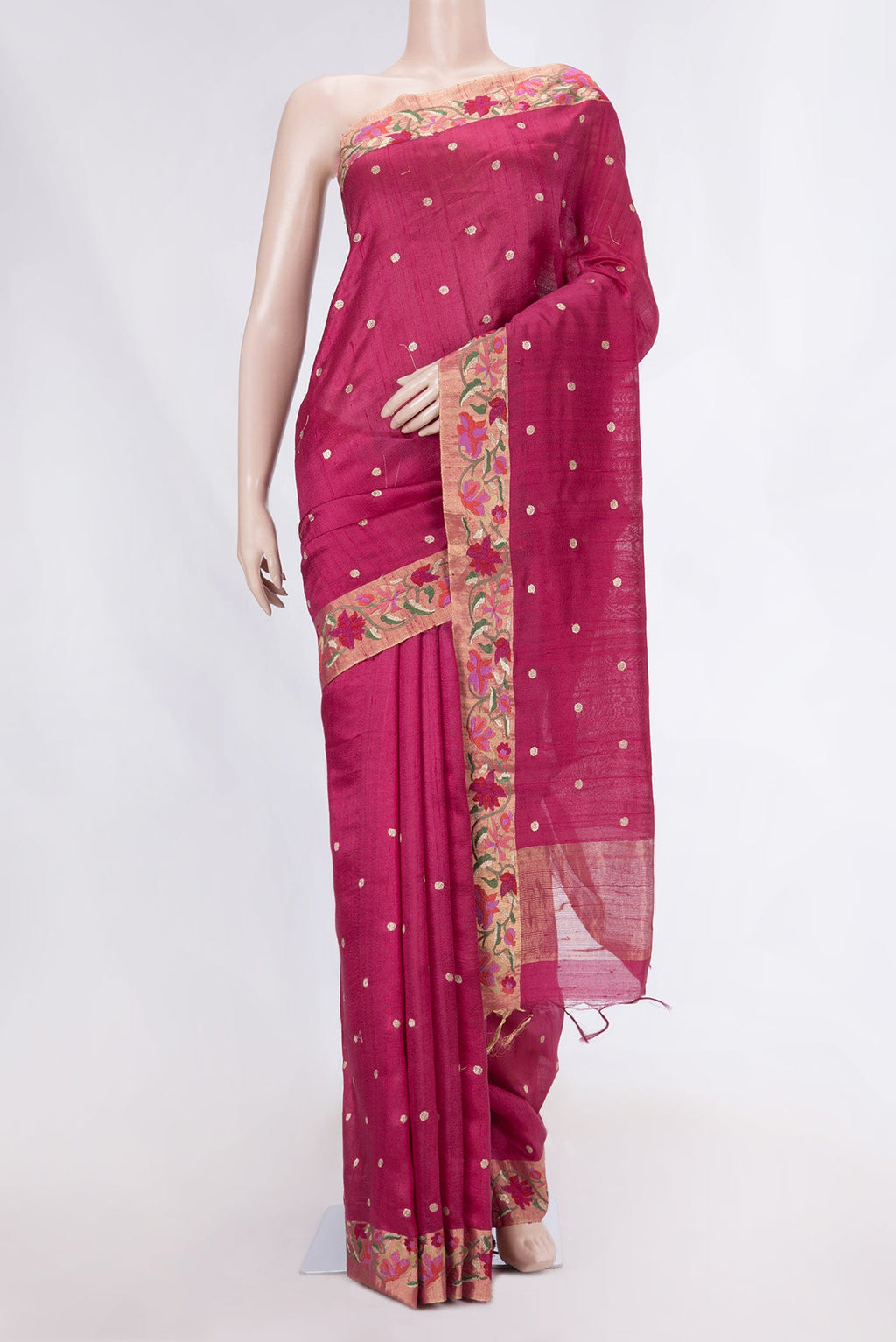 Maroon Dual Tone Tussar Saree with Zari Butta on the body and Embroidery Border displayed on a mannequin