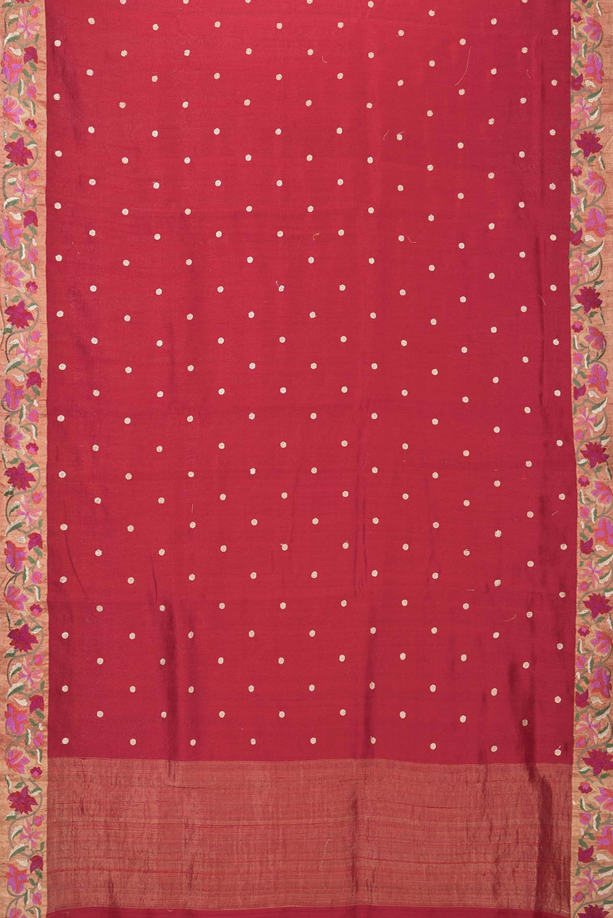 Flat view of Red Tussar Silk Saree with Embroidery on the body and Embroidery Border