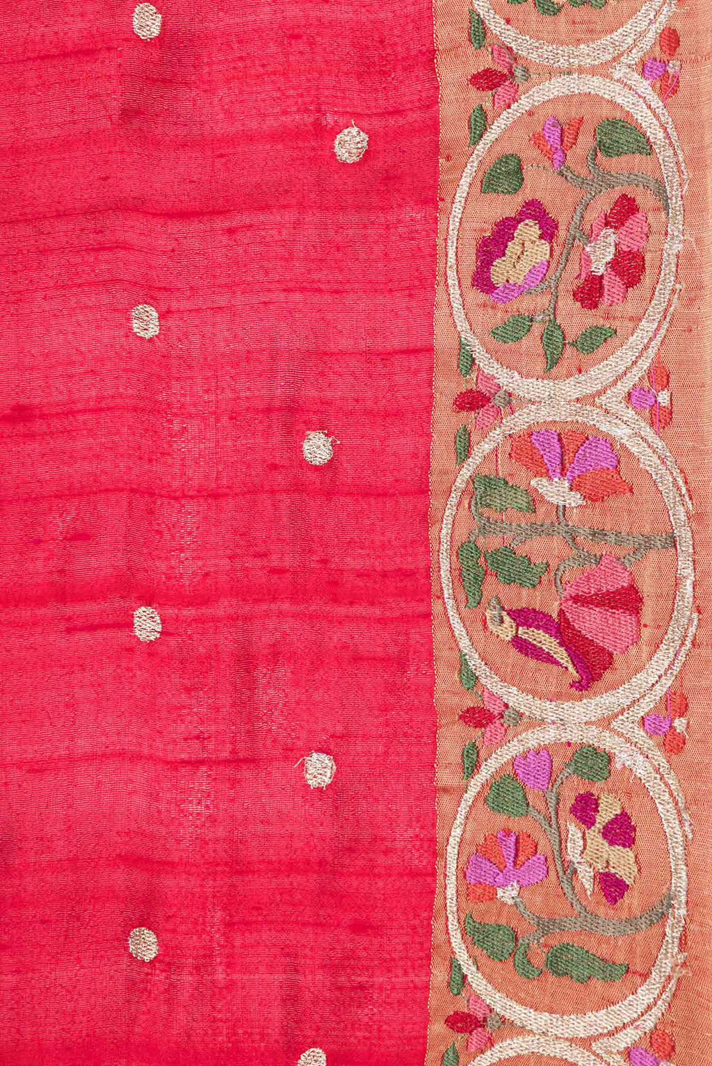Border image of Red Dual Tone Tussar Saree with Zari Butta on the body and Embroidery Border