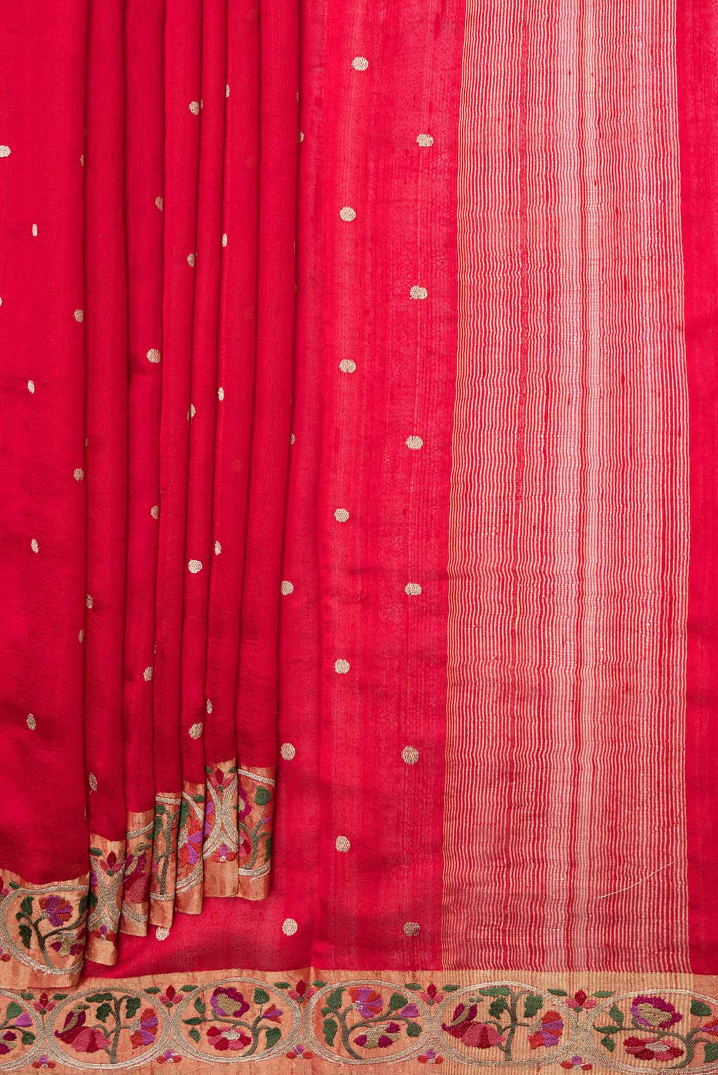 Pleats and pallu of Red Dual Tone Tussar Saree with Zari Butta on the body and Embroidery Border