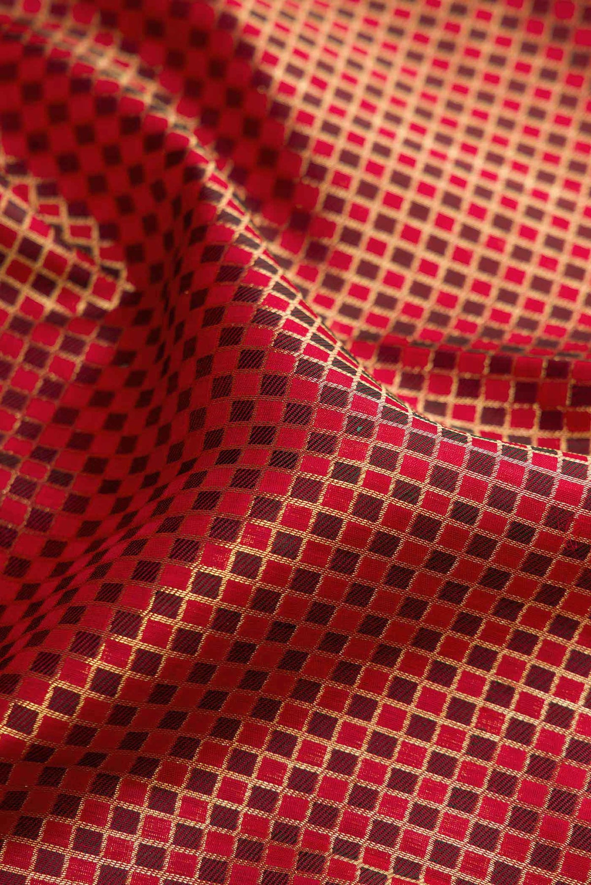 Close up of Red Dual Tone Kanchipuram Silk Saree with Zari Brocade on the body and Zari Border.  displaying folds