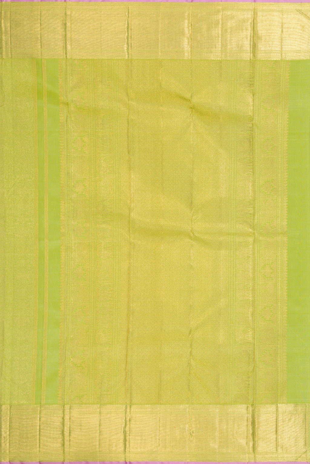 Close up image of the pallu of Pure Silk Pure Zari Light Green Dual Tone Kanjivaram Saree with Zari Brocade on the body and Zari Border. 