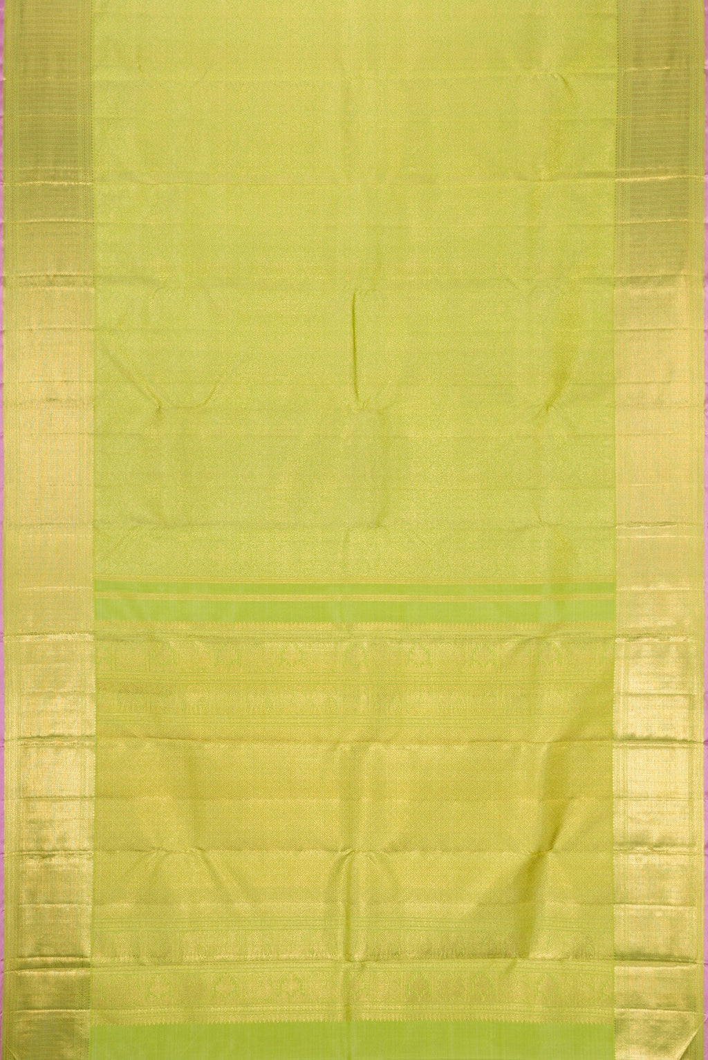 Flat view of Pure Silk Pure Zari Light Green Dual Tone Kanjivaram Saree with Zari Brocade on the body and Zari Border. 