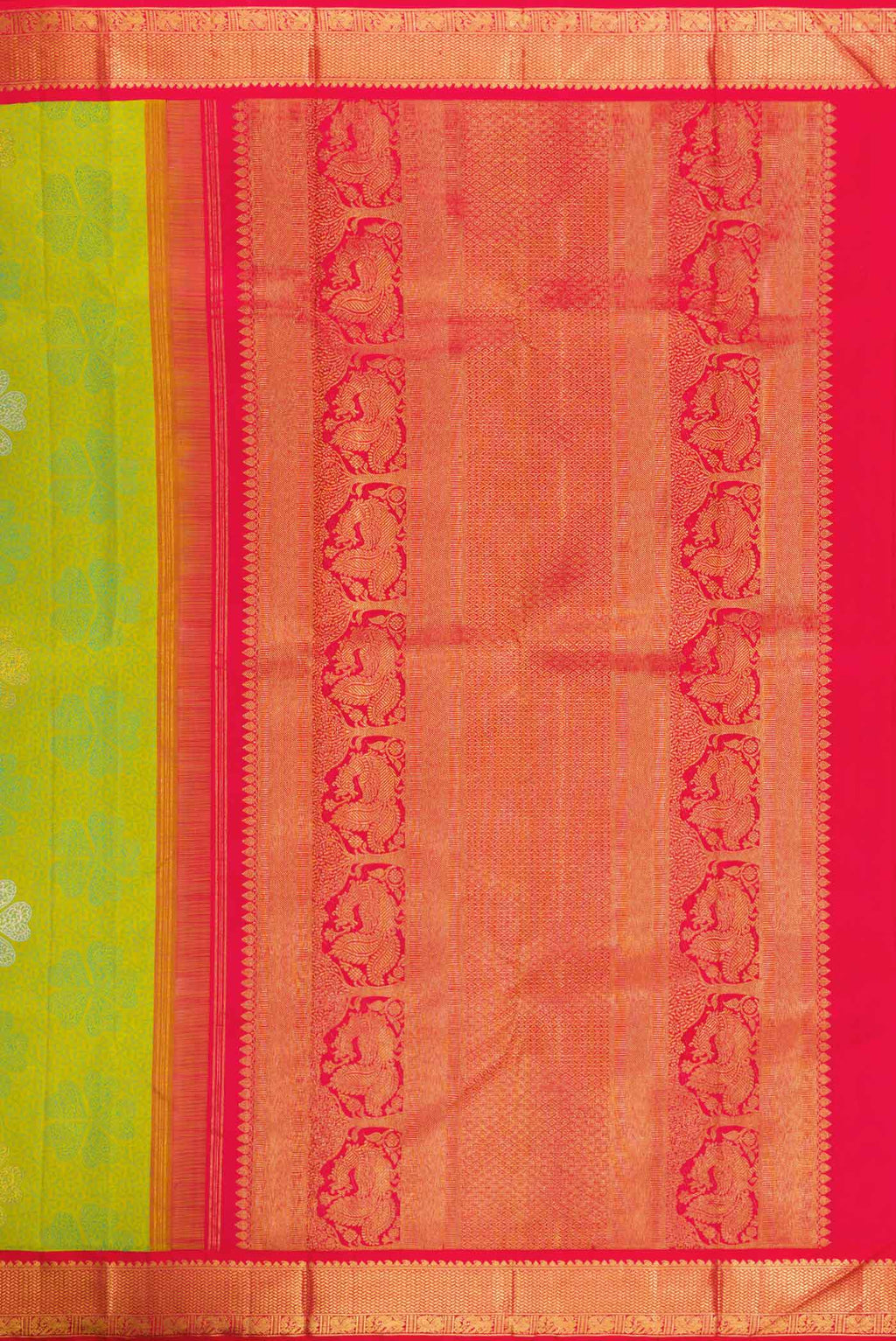 Close up image of the pallu of Pure Silk Pure Zari Parrot Green Dual Tone Kanchipuram Saree with Jacquard With Zari Butta on the body and Zari Border. 