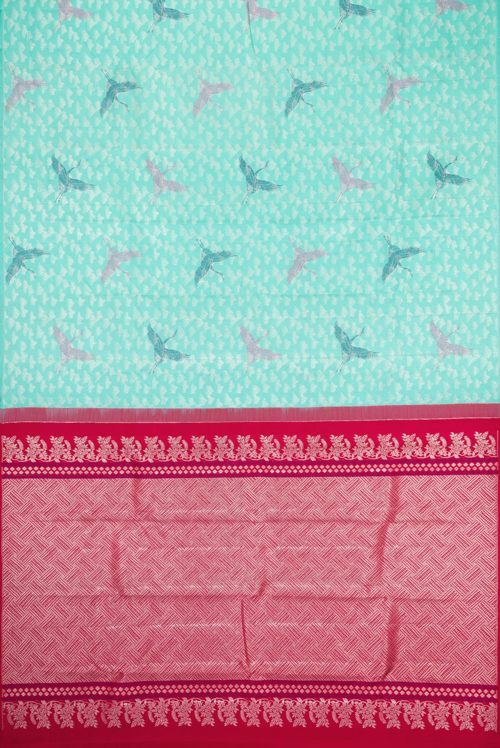 Flat view of Sky Blue Dual Tone Kanchipuram Silk Saree with Zari Brocade on the body and Without Border. 