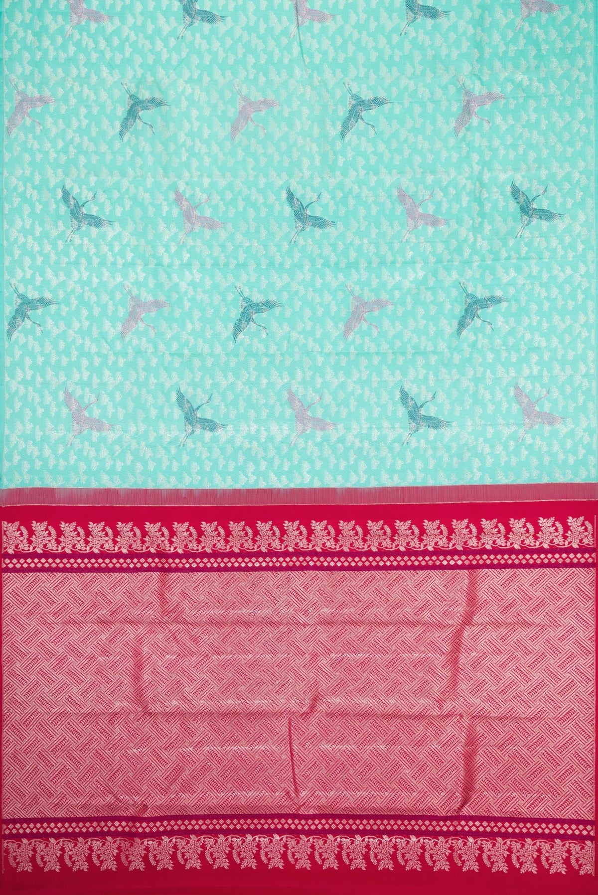 Flat view of Sky Blue Dual Tone Kanchipuram Silk Saree with Zari Brocade on the body and Without Border. 