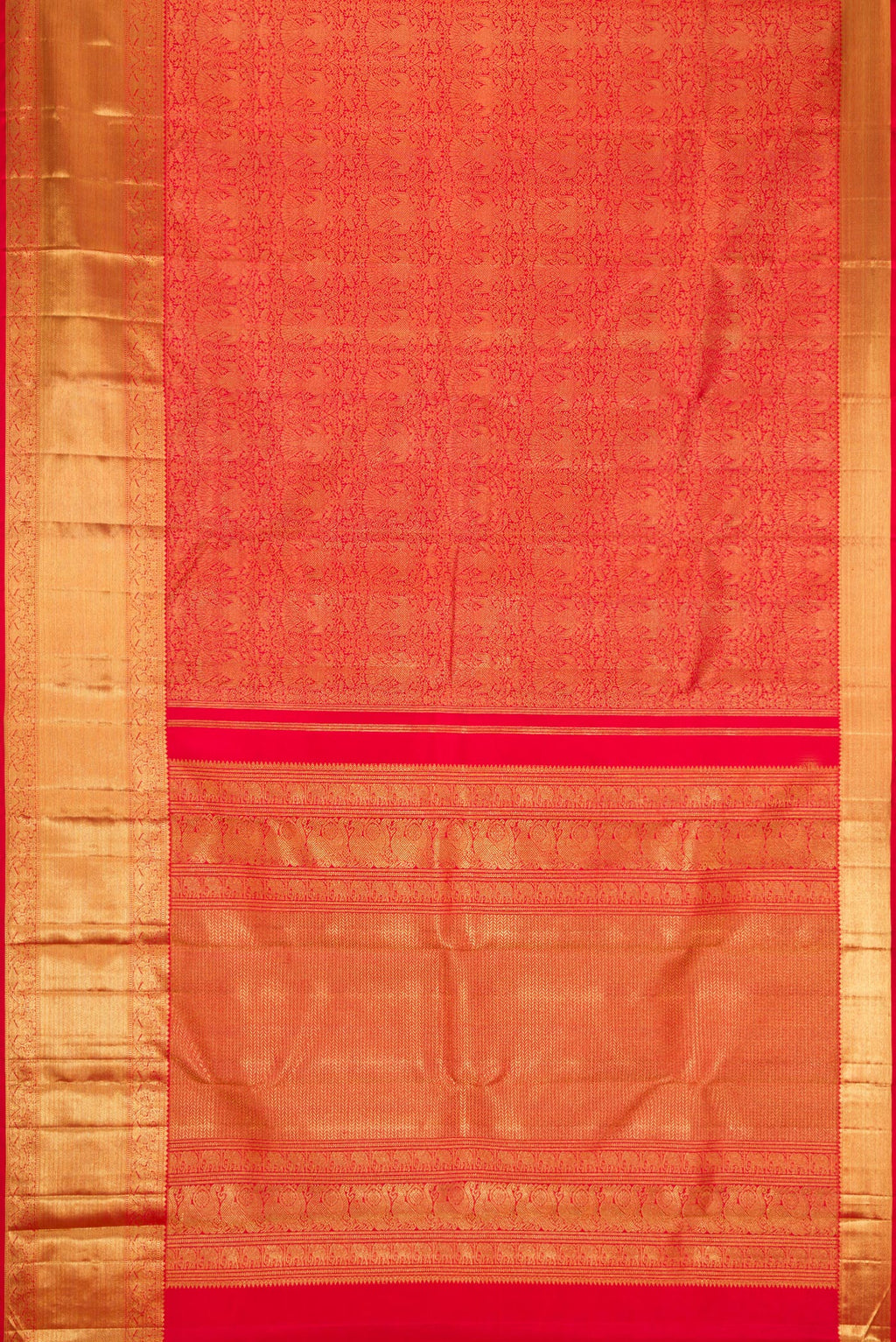 Flat view of Pure Silk Pure Zari Red Dual Tone Kanjivaram Saree with Zari Brocade on the body and Zari Border. 